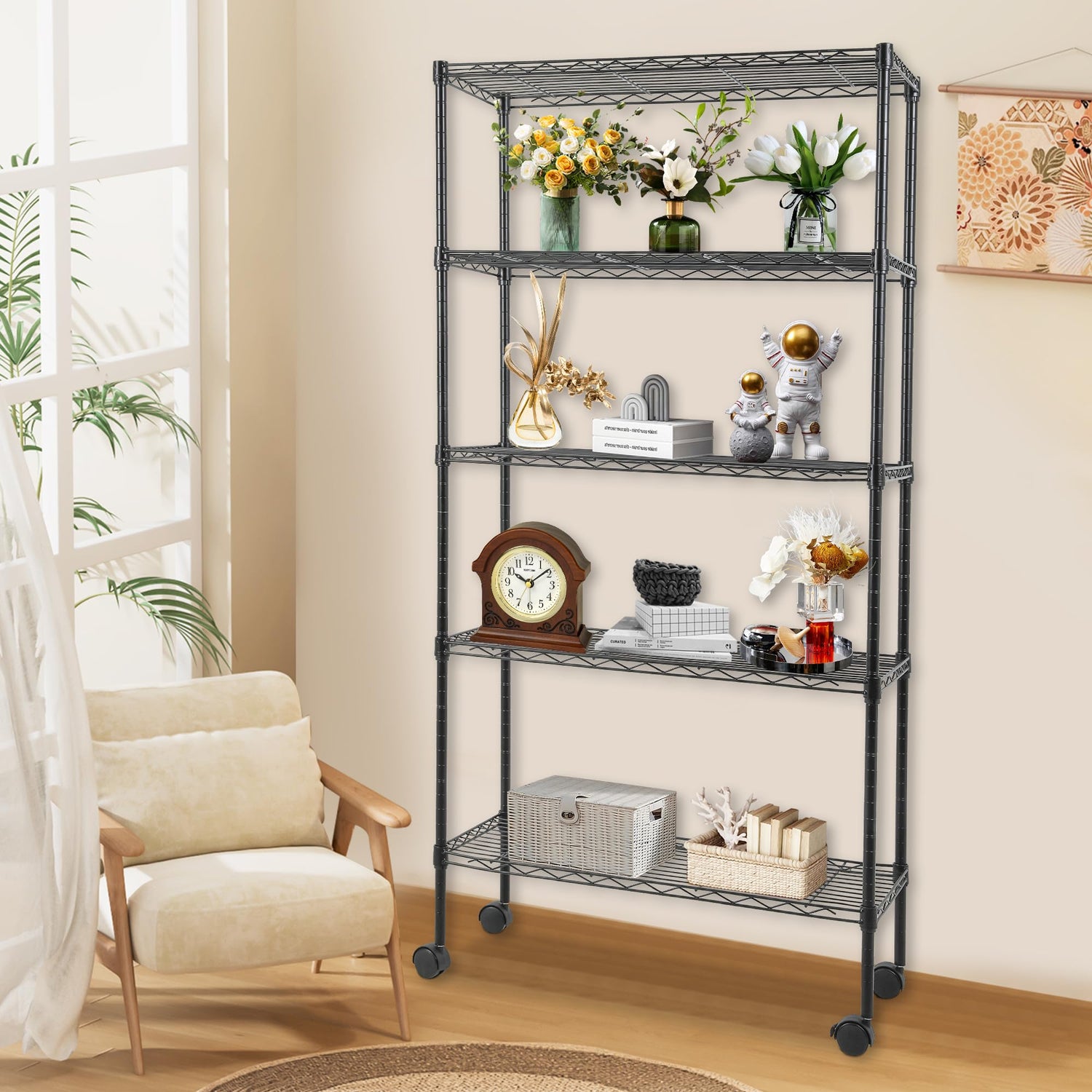 FDW Adjustable 5-Tier Metal Shelf with Wheels, 250 lbs Capacity, Easy Assembly, Ideal for Small Spaces FDW