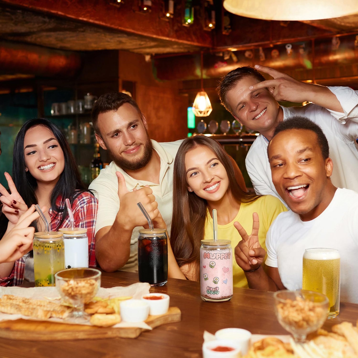 [ 6pcs Set ] Glass Cups with Bamboo Lids and Glass Straw - Beer Can Shaped, 16 oz Iced Coffee Drinking Glasses, Cute Tumbler Cup for Smoothie, Boba VITEVER