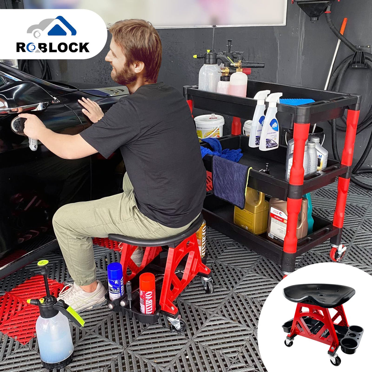 ROBLOCK Durable Mechanic Stool Chair with Wheels, Heavy Duty Garage Shop Stool On Wheels, Rolling Stool Car Detailing Creeper Seat with Tool Tray for ROBLOCK