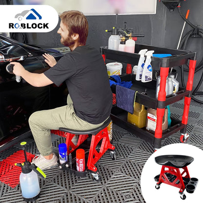 ROBLOCK Durable Mechanic Stool Chair with Wheels, Heavy Duty Garage Shop Stool On Wheels, Rolling Stool Car Detailing Creeper Seat with Tool Tray for