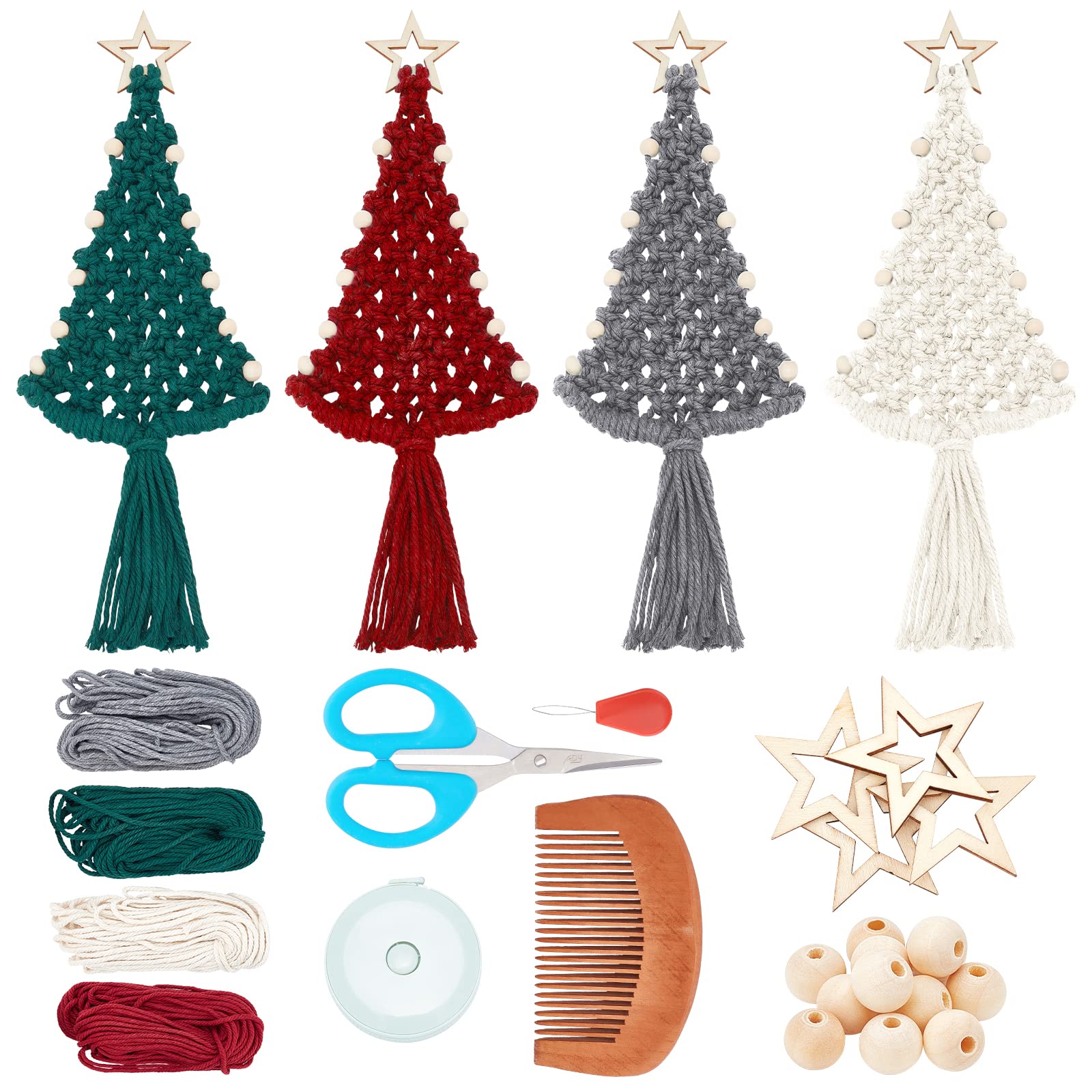 FREEBLOSS 4 Set Christmas Tree Macrame DIY Kit for Beginners Christmas Tree Hanging Ornaments for Holiday Wall Hanging, Come with Step by Step - WoodArtSupply