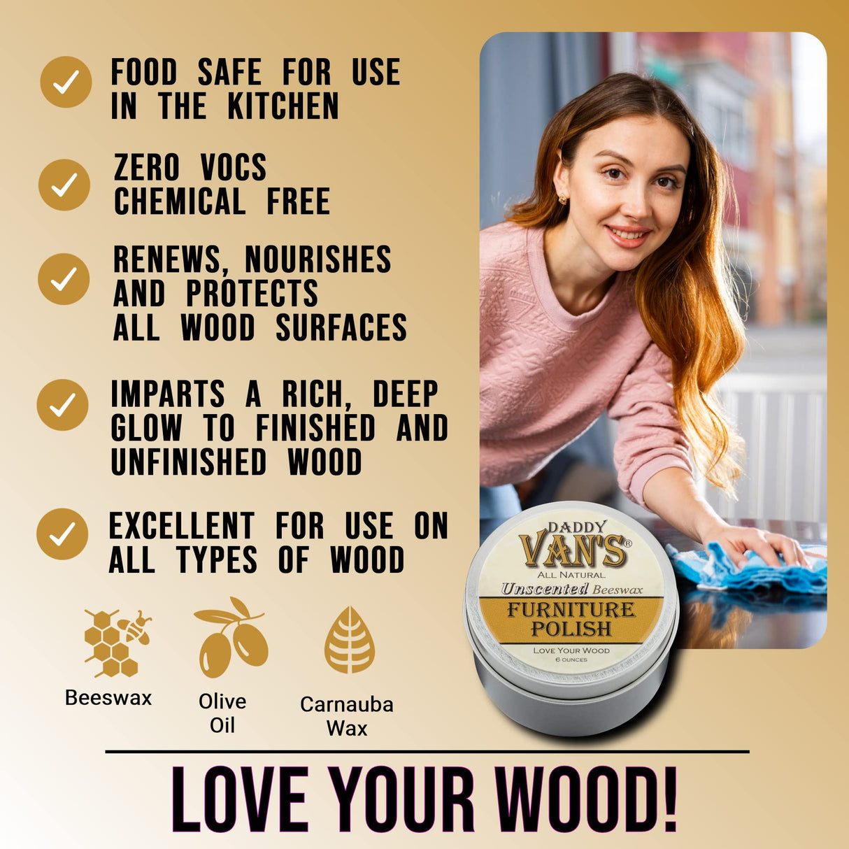 Daddy Van's All Natural Unscented Beeswax Furniture Polish - Food Safe Wood Conditioning Salve Nourishes and Protects Furniture, Cabinets, Antiques Daddy Van's