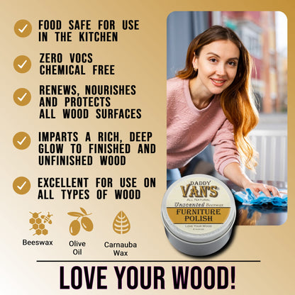 Daddy Van's All Natural Unscented Beeswax Furniture Polish - Food Safe Wood Conditioning Salve Nourishes and Protects Furniture, Cabinets, Antiques - WoodArtSupply