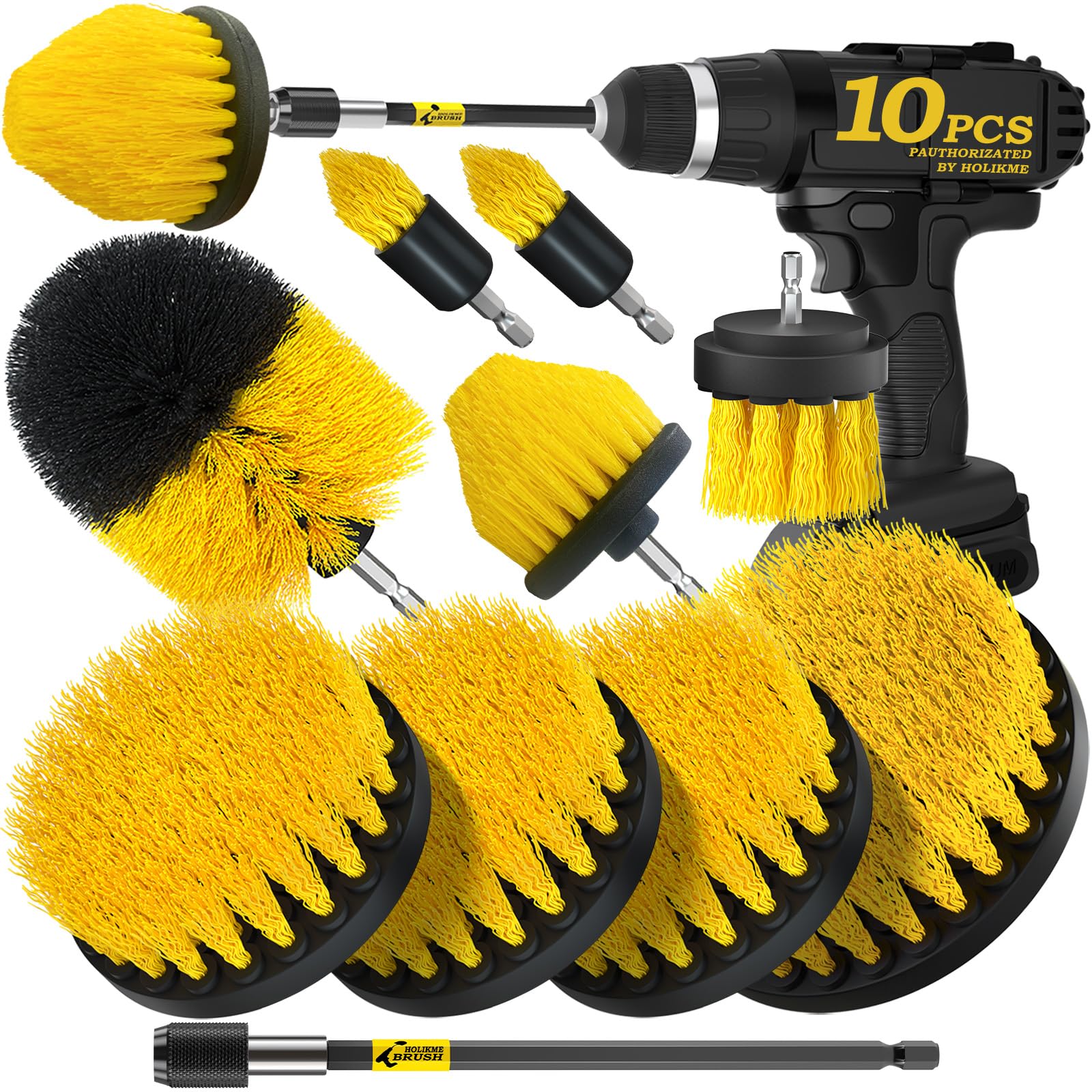 Holikme 10Pieces Drill Brush Attachments Set, Power Scrubber Brush with Extend Long Attachment，Scrub Brush，Shower Scrubber，Cleaning Supplies,Yellow - WoodArtSupply