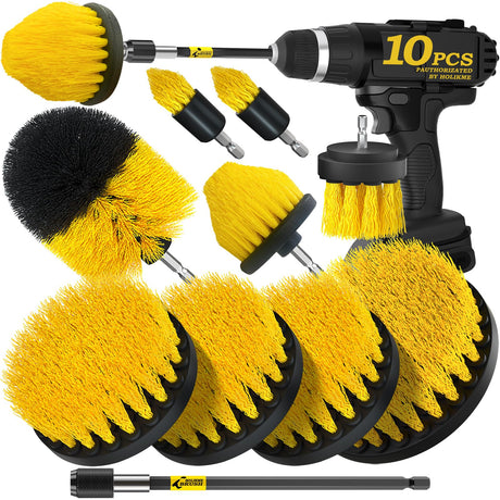 Holikme 10Pieces Drill Brush Attachments Set, Power Scrubber Brush with Extend Long Attachment，Scrub Brush，Shower Scrubber，Cleaning Supplies,Yellow Holikme