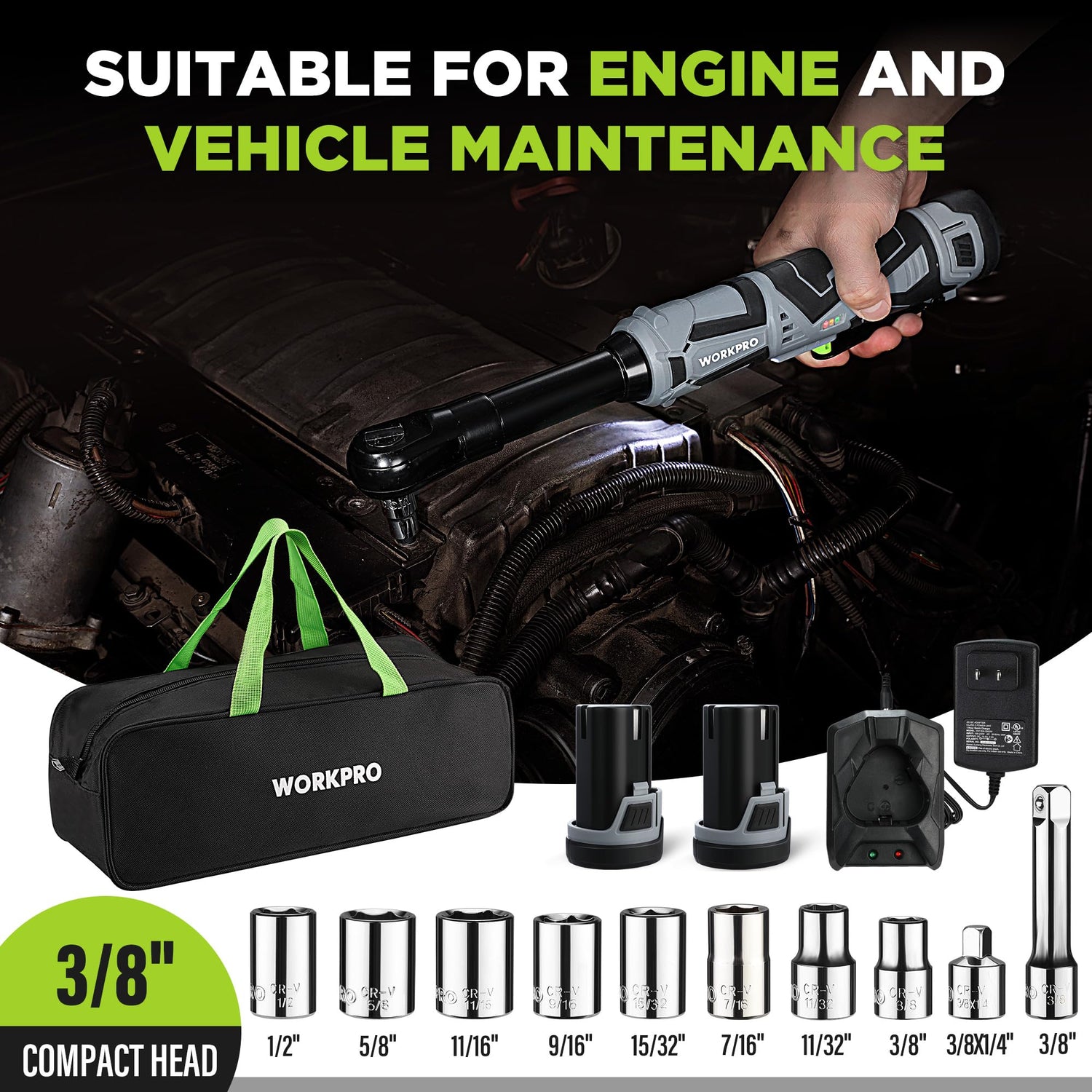 WORKPRO 12V 40 Ft-lbs Power Ratchet Wrench Kit with 10-Piece Socket Accessory Set, 1-Hour Fast Charger, 2.0Ah Lithium-Ion Batteries WORKPRO