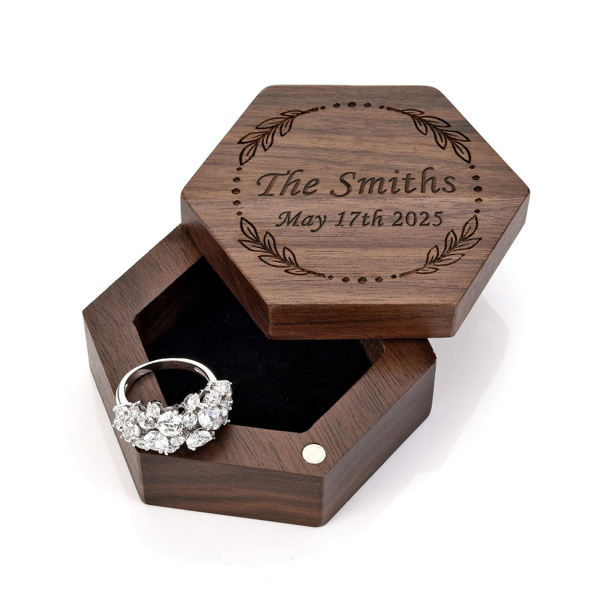 Yoption Custom Wooden Ring Box, Handcrafted Walnut Wood Engraved Hexagon Ring Holder, Mr and Mrs Ring Box for Wedding Ceremony Anniversary Proposal Yoption