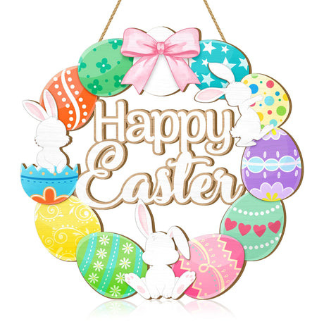 Easter Eggs Wreaths Wood Sign for Front Door, Colorful Eggs Happy Easter Welcome Sign Decorations for Home, Easter Bunny Spring Wooden Hanging Decor Sionoiur