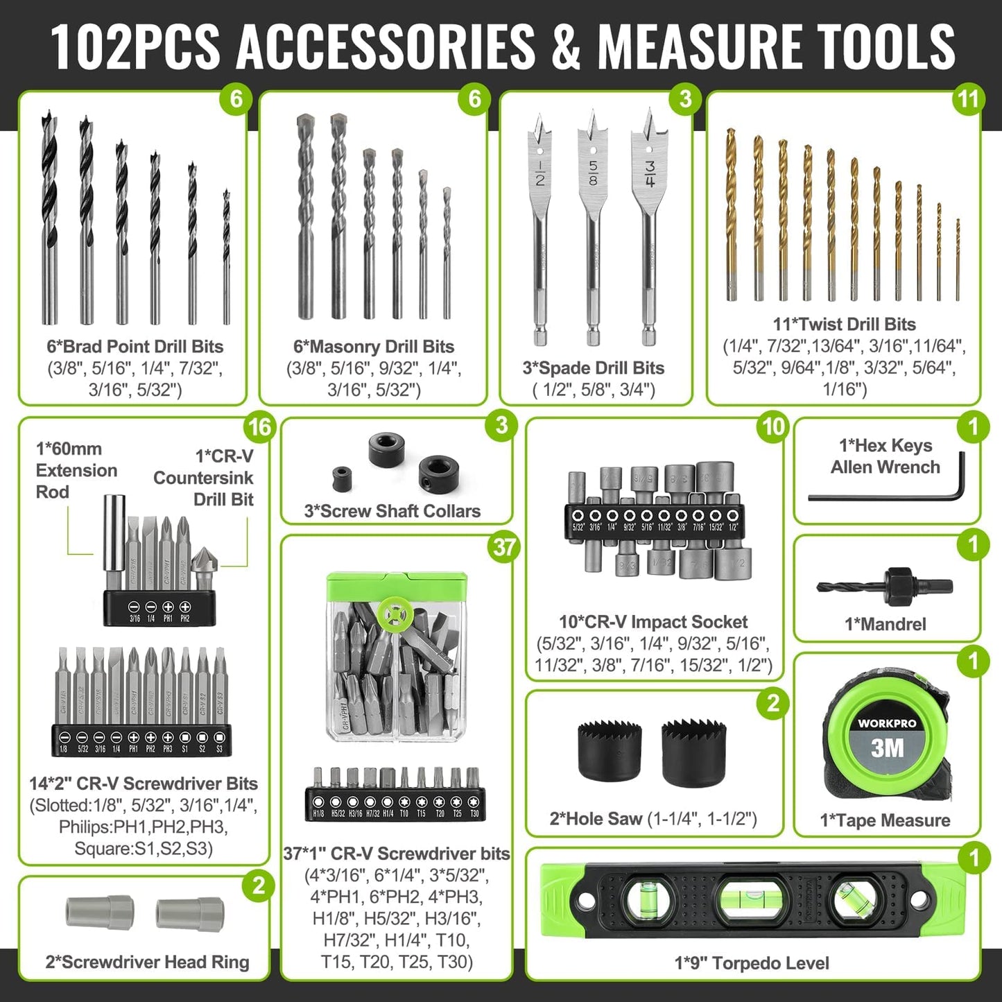 WORKPRO 20V Max Cordless Drill Driver Set, Electric Power Impact Drill Tool with 102 Pieces Accessories, 1/2'' Chuck Impact Drill Kit with Portable - WoodArtSupply