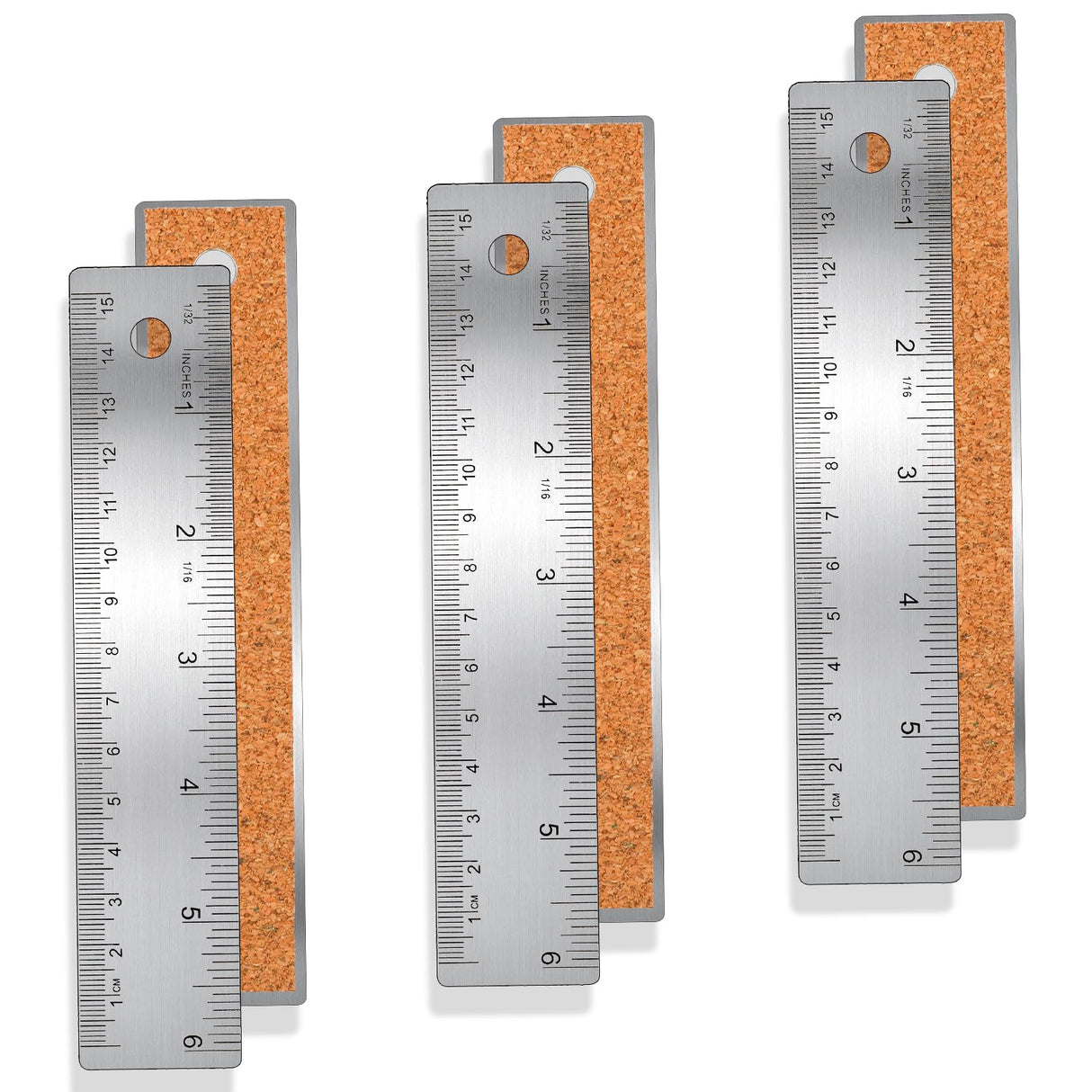 3 Pieces 6 Inch Metal Ruler Stainless Steel Rulers with Cork Backing Non Slip Straight Edge Ruler with Inch and Centimeters for School Office Drawing Mozeat Lens