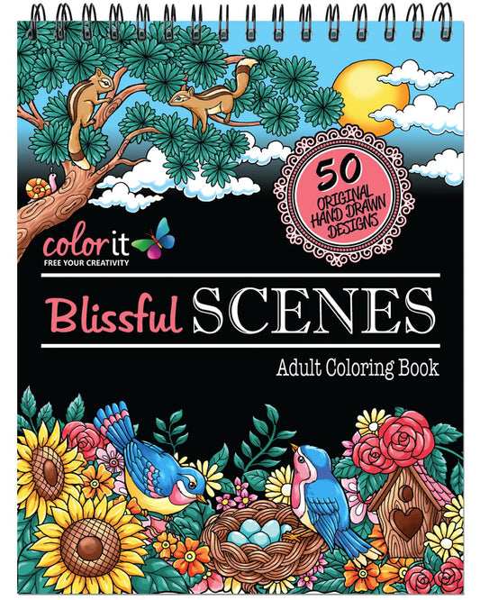 Blissful Scenes Adult Coloring Book - Features 50 Original Hand Drawn Designs Printed on Artist Quality Paper, Hardback Covers, Spiral Binding, - WoodArtSupply