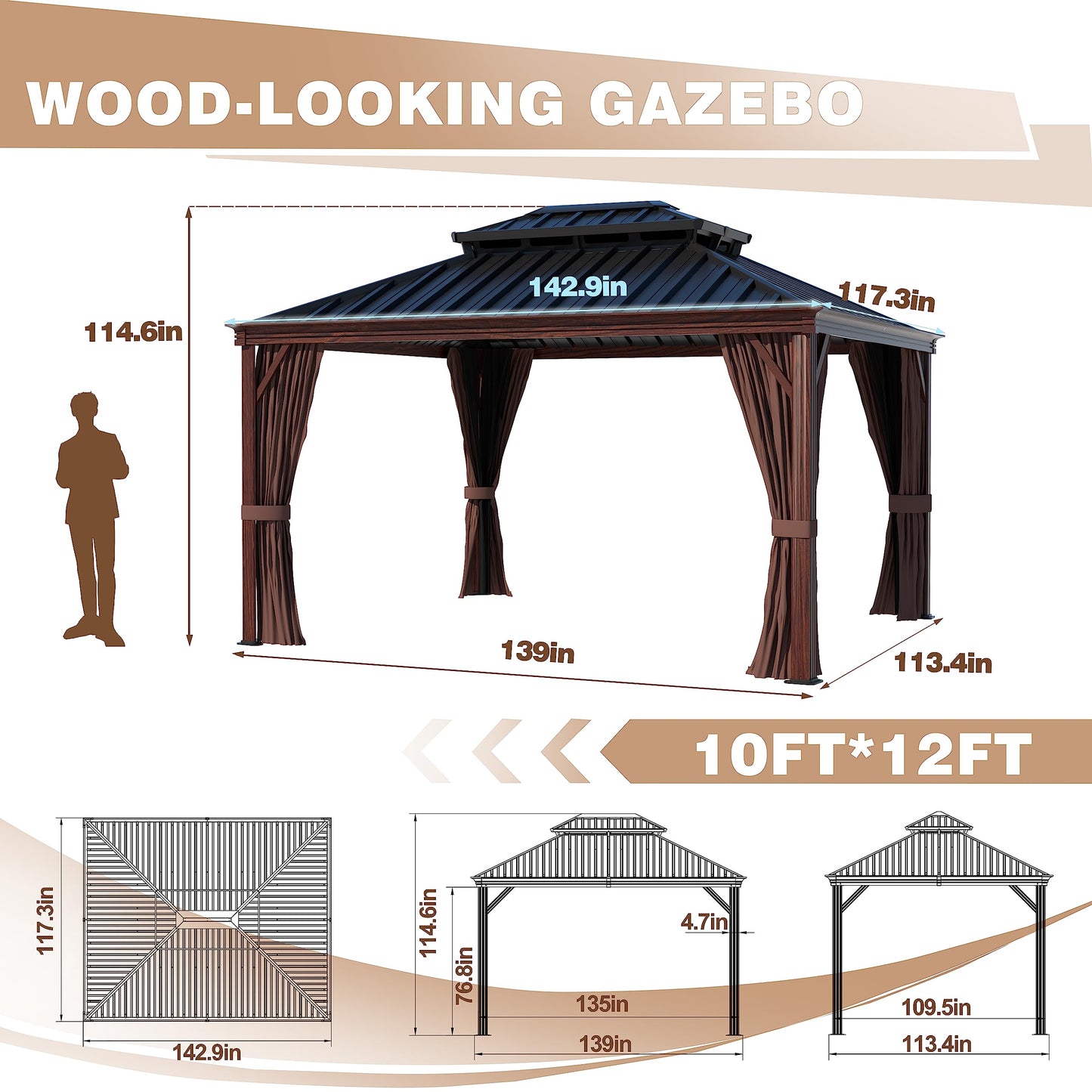 VEIKOU 10' x 12' Gazebo Hardtop, Outdoor Aluminum Wood Grain Gazebo w/Double Roof & Sidewalls, Permanent Pergolas and Gazebos, Patio Gazebo for