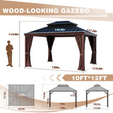 VEIKOU 10' x 12' Gazebo Hardtop, Outdoor Aluminum Wood Grain Gazebo w/Double Roof & Sidewalls, Permanent Pergolas and Gazebos, Patio Gazebo for VEIKOU