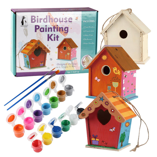 DIY Bird House Kit for Kids, Build Your Own Bird House Kit for Children, Includes 3 Unfinished Birdhouses to Paint and Build, Ropes, 12 Paints,