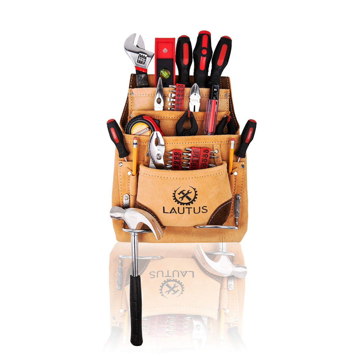 LAUTUS Leather Tool Pouch Bag |Carpenter, Construction, Framers, Handyman |2 Hammer Holders, 10 Pockets| LAUTUS