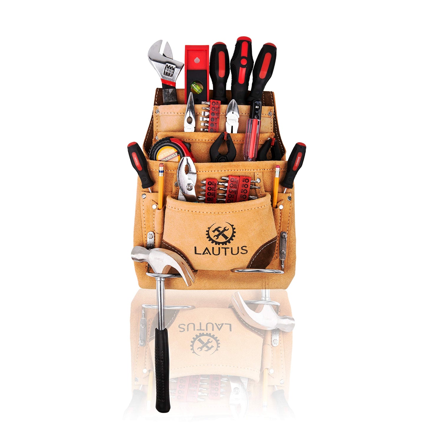 LAUTUS Leather Tool Pouch Bag |Carpenter, Construction, Framers, Handyman |2 Hammer Holders, 10 Pockets| - WoodArtSupply