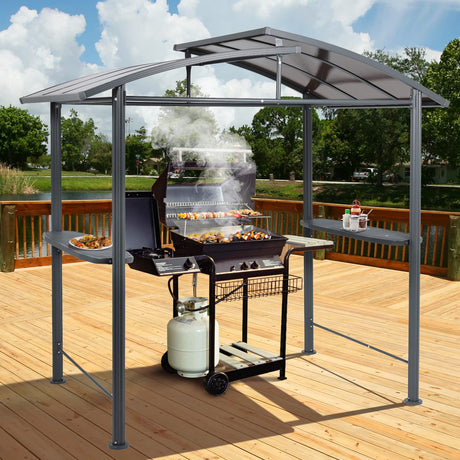 Aoodor 8 x 5 ft. BBQ Grill Gazebo Shelter, Dark Gray Steel Frame and Brown Double-Tier Polycarbonate Top Canopy, with Side Shelves, for Outdoor, Aoodor