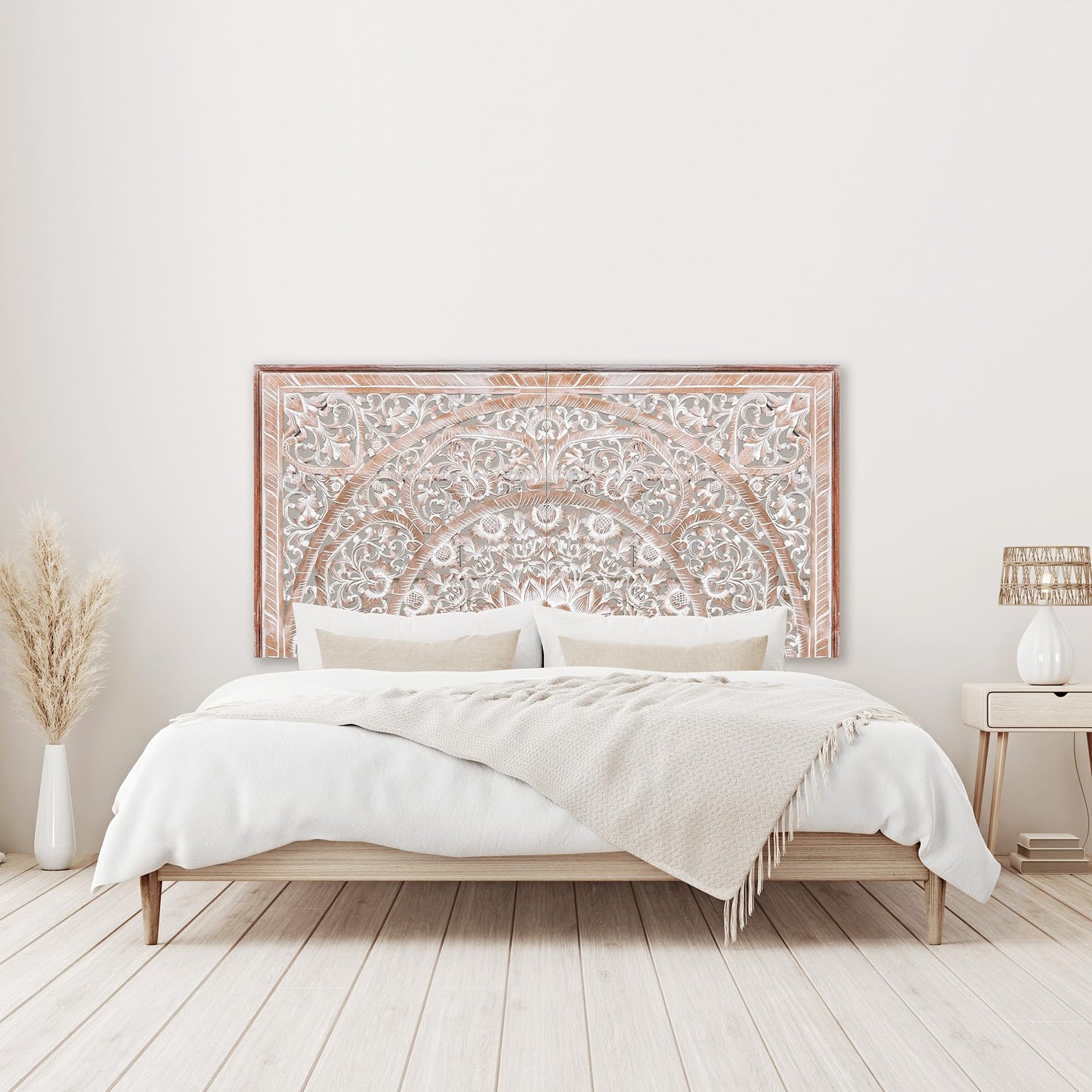 King Wood Headboard White Wash | Carved Full Headboard Only | Wooden Headboard Full Size Bed | Wall Mount Headboard King | Full Bed Headboard Panels - WoodArtSupply