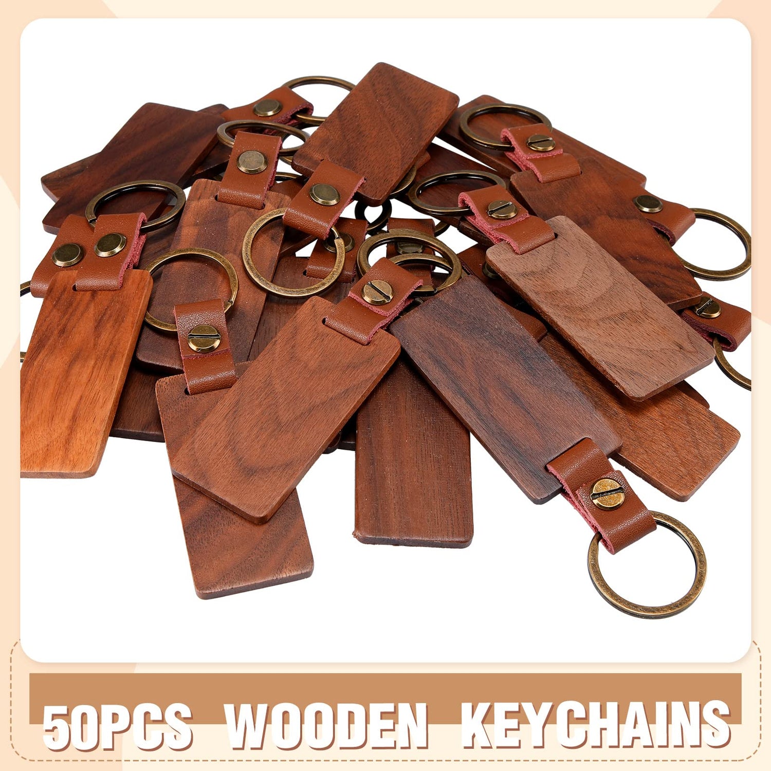 50 Pcs Leather Keychain Blanks Wooden Keychain Blanks Wood Keychain Blank Unfinished Wood Tags with Leather Strap Keyring (Walnut) Sasylvia