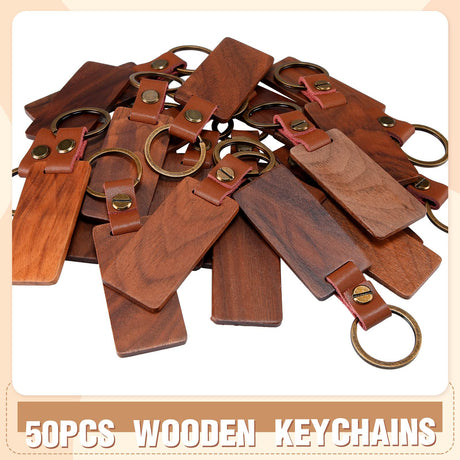 50 Pcs Leather Keychain Blanks Wooden Keychain Blanks Wood Keychain Blank Unfinished Wood Tags with Leather Strap Keyring (Walnut) Sasylvia