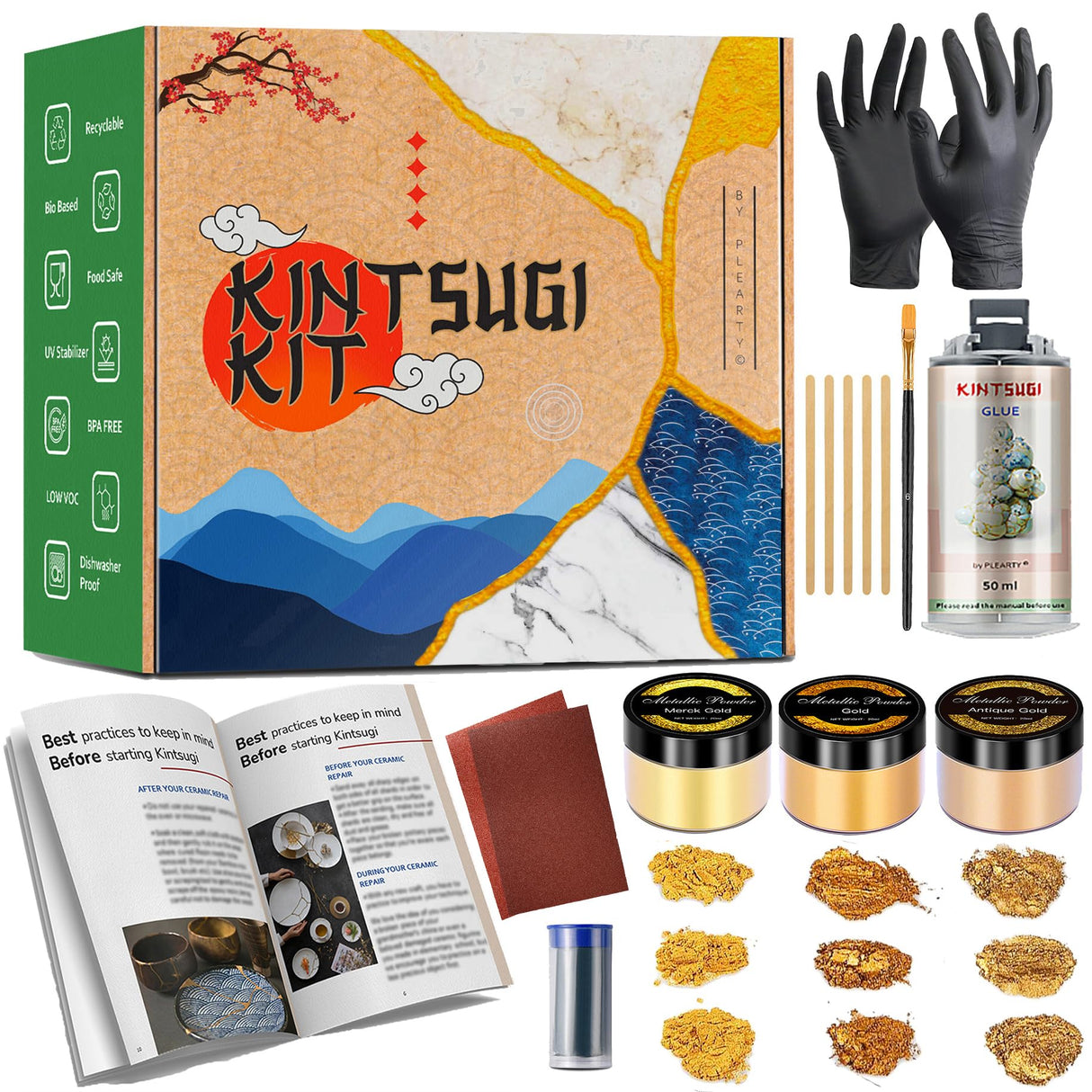 Bio Kintsugi Repair Kit Gold with Complet 15 Pages Booklet Manual 60g Gold Mica Powder for Japanese Gold Repair Kit DIY Craft Kits for Adults Pottery Plearty