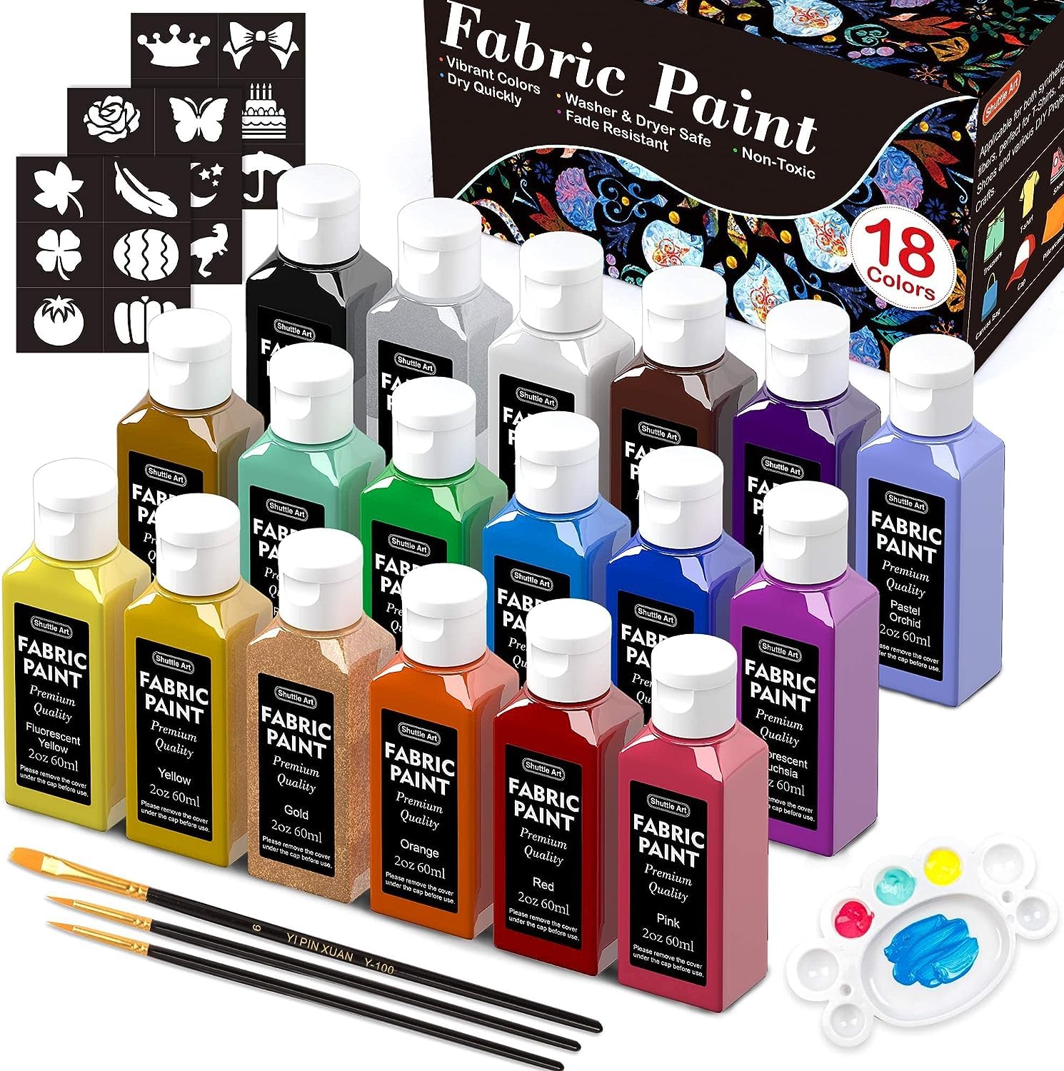 Fabric Paint, Shuttle Art 18 Colors Permanent Soft Fabric Paint in Bottles (60ml/2oz) with Brushes, Palette, Stencils, Non-Toxic Textile Paint for Shuttle Art