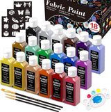 Fabric Paint, Shuttle Art 18 Colors Permanent Soft Fabric Paint in Bottles (60ml/2oz) with Brushes, Palette, Stencils, Non-Toxic Textile Paint for Shuttle Art