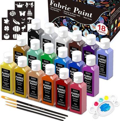 Fabric Paint, Shuttle Art 18 Colors Permanent Soft Fabric Paint in Bottles (60ml/2oz) with Brushes, Palette, Stencils, Non-Toxic Textile Paint for - WoodArtSupply