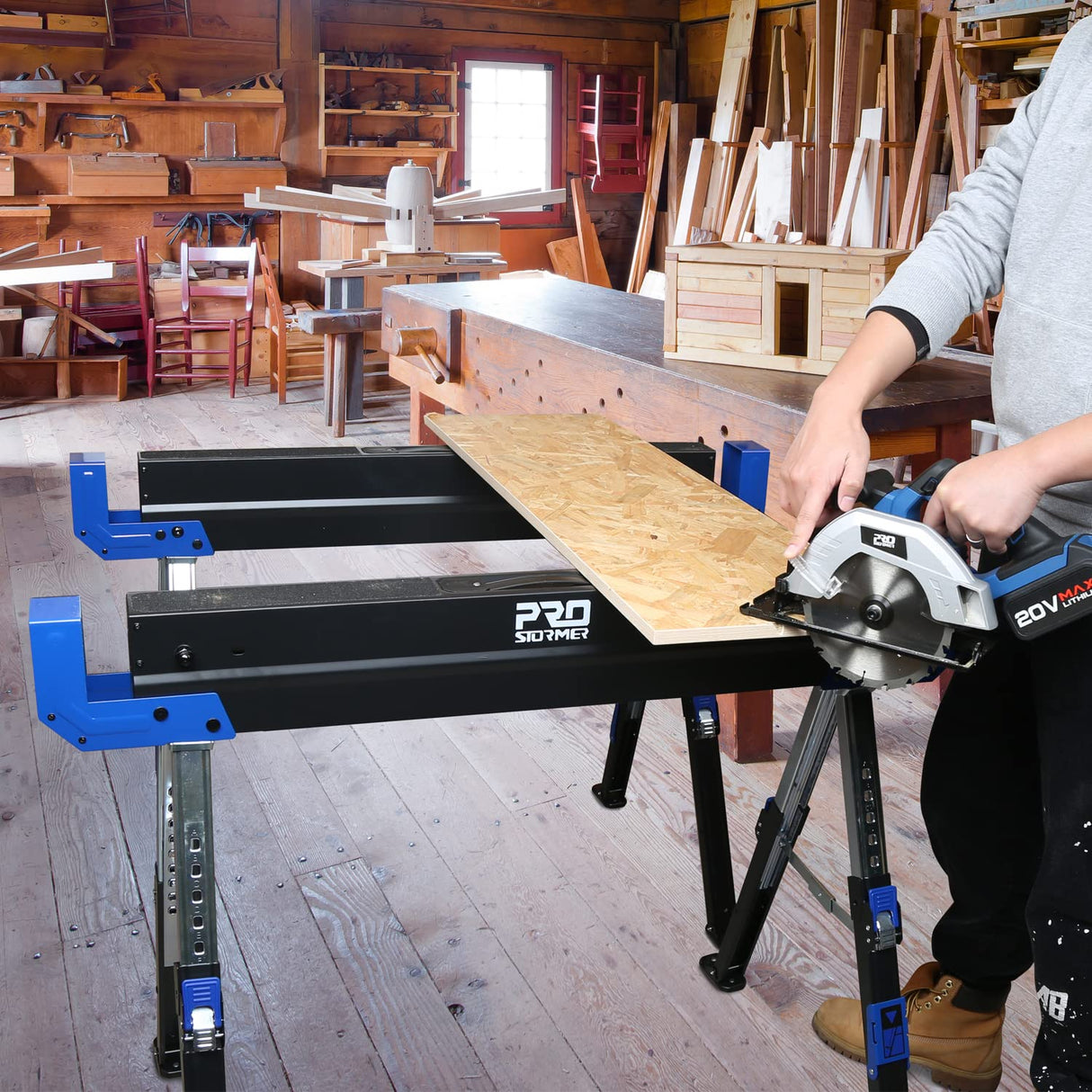 Prostormer Saw Horses 2 Pack Folding, Portable Heavy Duty Sawhorse with 2601 lbs Weight Capacity Per Pair, Adjustable Legs, Easy Carry Handle - Ideal Prostormer