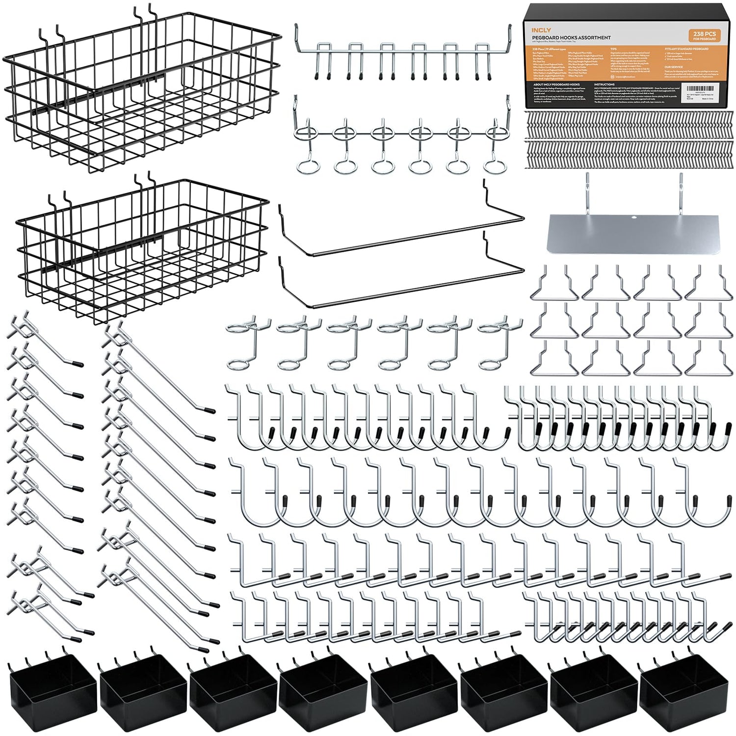 INCLY 238PCS Pegboard Accessories Organizer Kit, Peg Board Hooks Assortment with Peg Bins, Baskets, Paper Towel Holder for 1/8 and 1/4 inch Pegboard INCLY