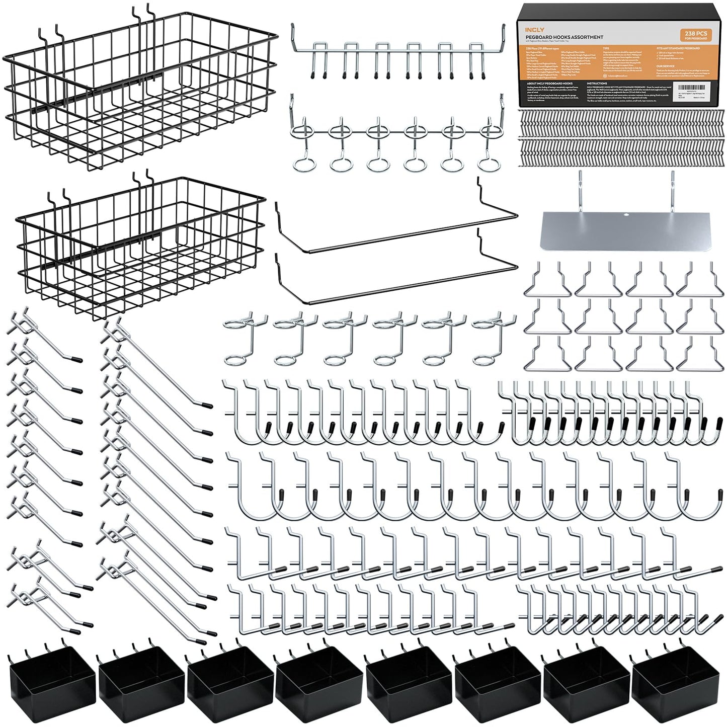 INCLY 238PCS Pegboard Accessories Organizer Kit, Peg Board Hooks Assortment with Peg Bins, Baskets, Paper Towel Holder for 1/8 and 1/4 inch Pegboard - WoodArtSupply