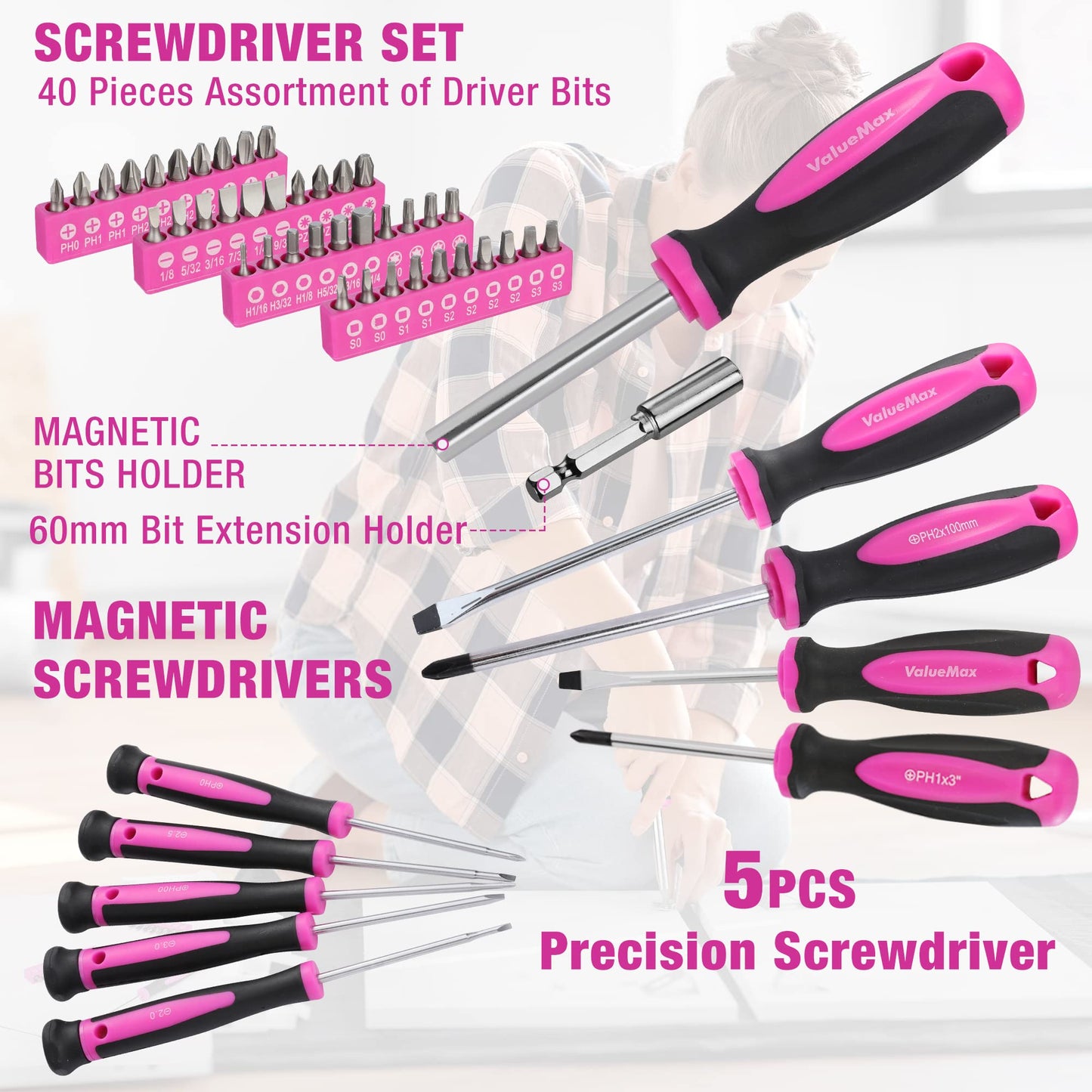 ValueMax Home Tool Kit with Drill, 238-Pieces Pink Tool Set with 20V Cordless Lithium-ion Drill, Power Tool Set with Wide Mouth Open Storage Bag,