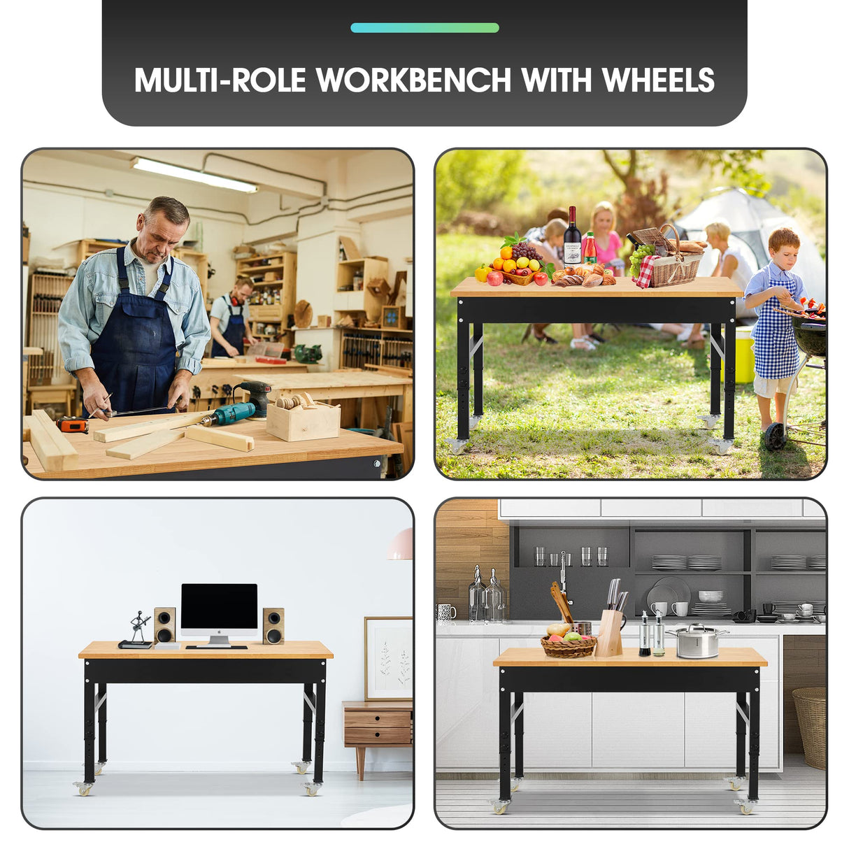 Antifir 60" ×24'' Adjustable Workbench,Rolling Heavy-Duty Worktable with Power Outlet and Wheels,Large Load Capacity Rubber Wood Top Workbench for Antifir