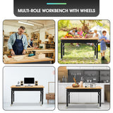 Antifir 60" ×24'' Adjustable Workbench,Rolling Heavy-Duty Worktable with Power Outlet and Wheels,Large Load Capacity Rubber Wood Top Workbench for Antifir