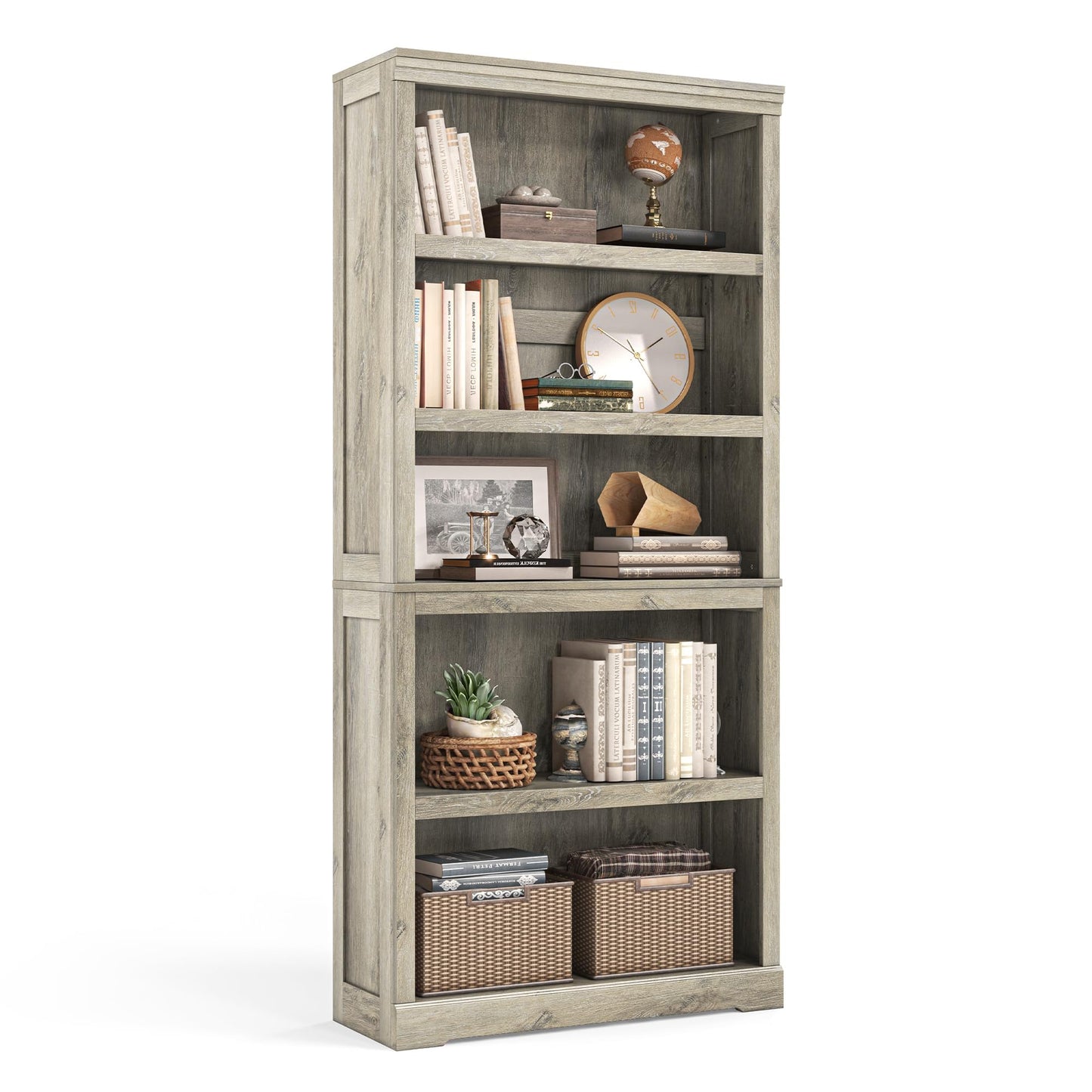 LINSY HOME 5-Tier Adjustable Bookshelf in Light Brown - Chic Floor Standing Storage for Home and Office - WoodArtSupply