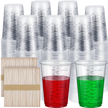300 Pieces 8 oz Plastic Measuring Cups with 300 Wooden Mixing Sticks Disposable Measuring Cups for Epoxy Resin Mixing Cups for Liquid Measuring, Yunsailing