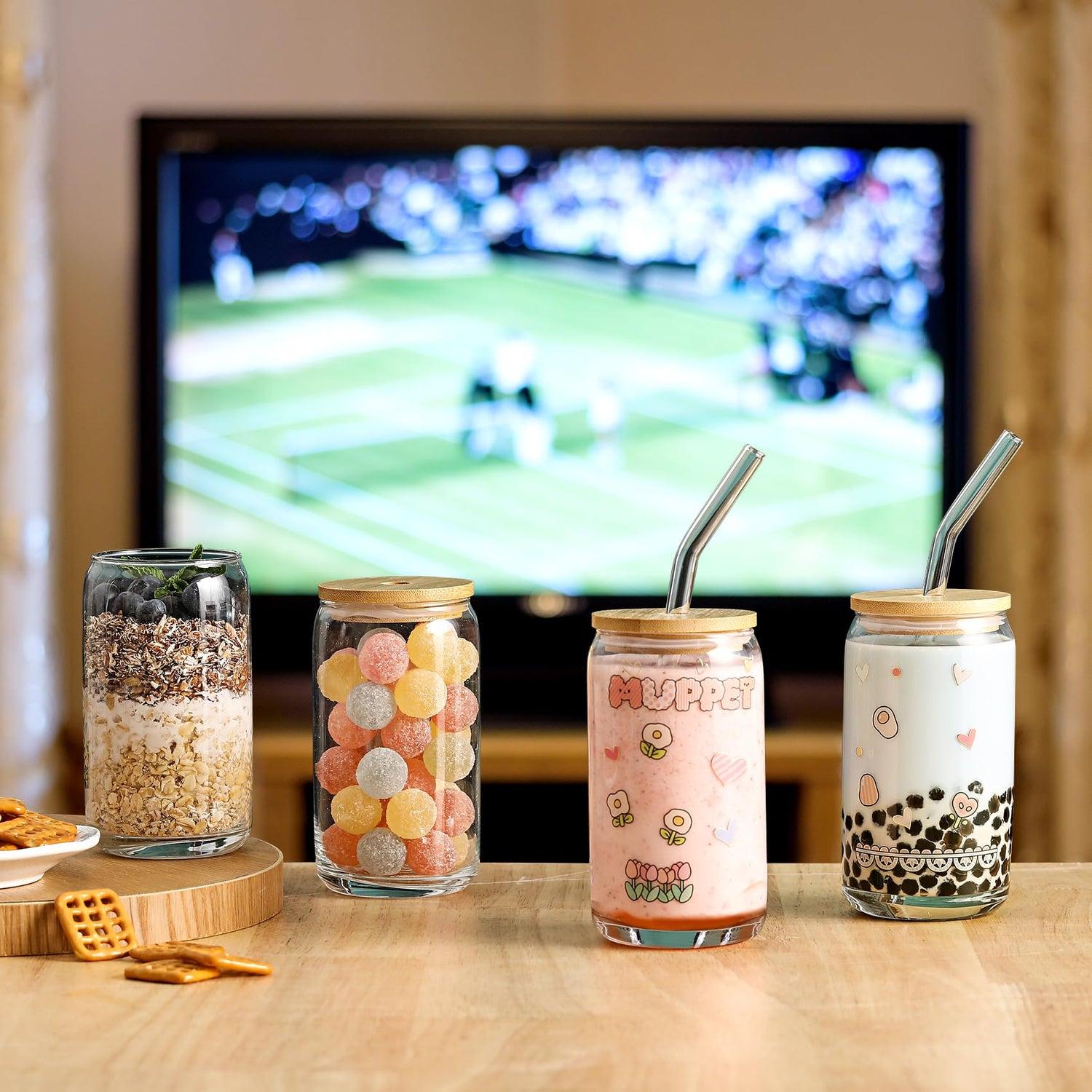 [ 6pcs Set ] Glass Cups with Bamboo Lids and Glass Straw - Beer Can Shaped, 16 oz Iced Coffee Drinking Glasses, Cute Tumbler Cup for Smoothie, Boba VITEVER