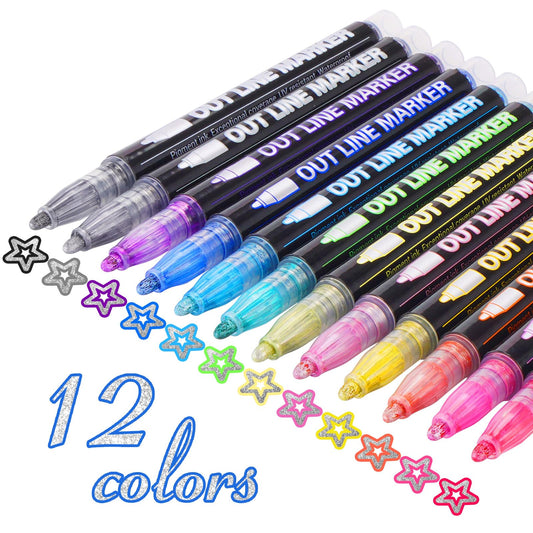 Shimmer Markers Doodle Dazzles for Scrapbook, 12 Colors Outline Markers for Kids, Double Line Glitter Pens, Metallic Markers Sparkly for Drawing, - WoodArtSupply