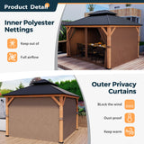HAPPATIO 11' × 13' Wood Gazebo, Outdoor Hardtop Gazebo with Mosquito Netting and Curtains, Double Metal Roof Patio Gazebo Hard Top Gazebo for Garden, HAPPATIO