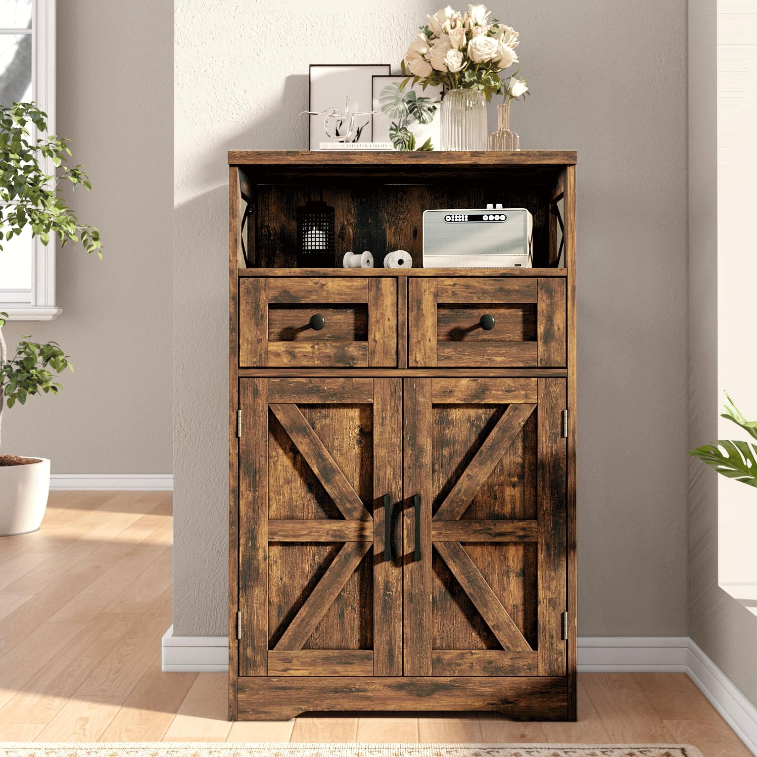 Befrases Farmhouse Storage Cabinet with Drawers and Shelves, Freestanding Kitchen Pantry Storage Cabinet, Floor Storage Cabinet Hutch Cupboard for Befrases