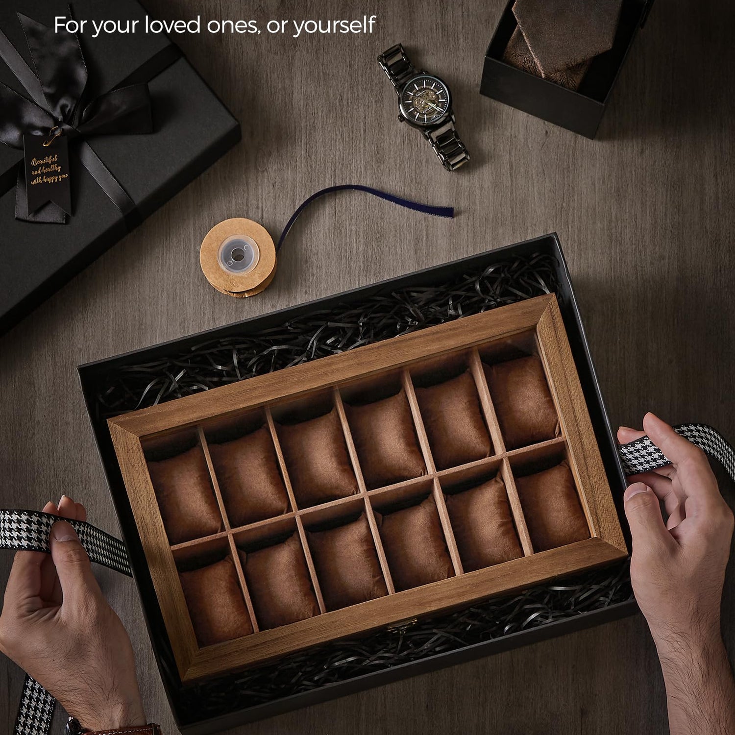 SONGMICS 12-Slot Watch Box, 2-Tier Watch Display Case with Large Glass Lid, Removable Watch Pillows, Velvet Lining, Jewelry Box, Gift Idea, Rustic SONGMICS