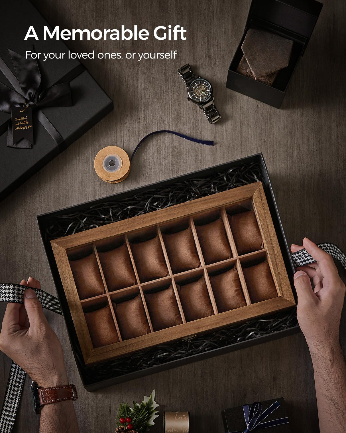 SONGMICS 12-Slot Watch Box, 2-Tier Watch Display Case with Large Glass Lid, Removable Watch Pillows, Velvet Lining, Jewelry Box, Gift Idea, Rustic SONGMICS