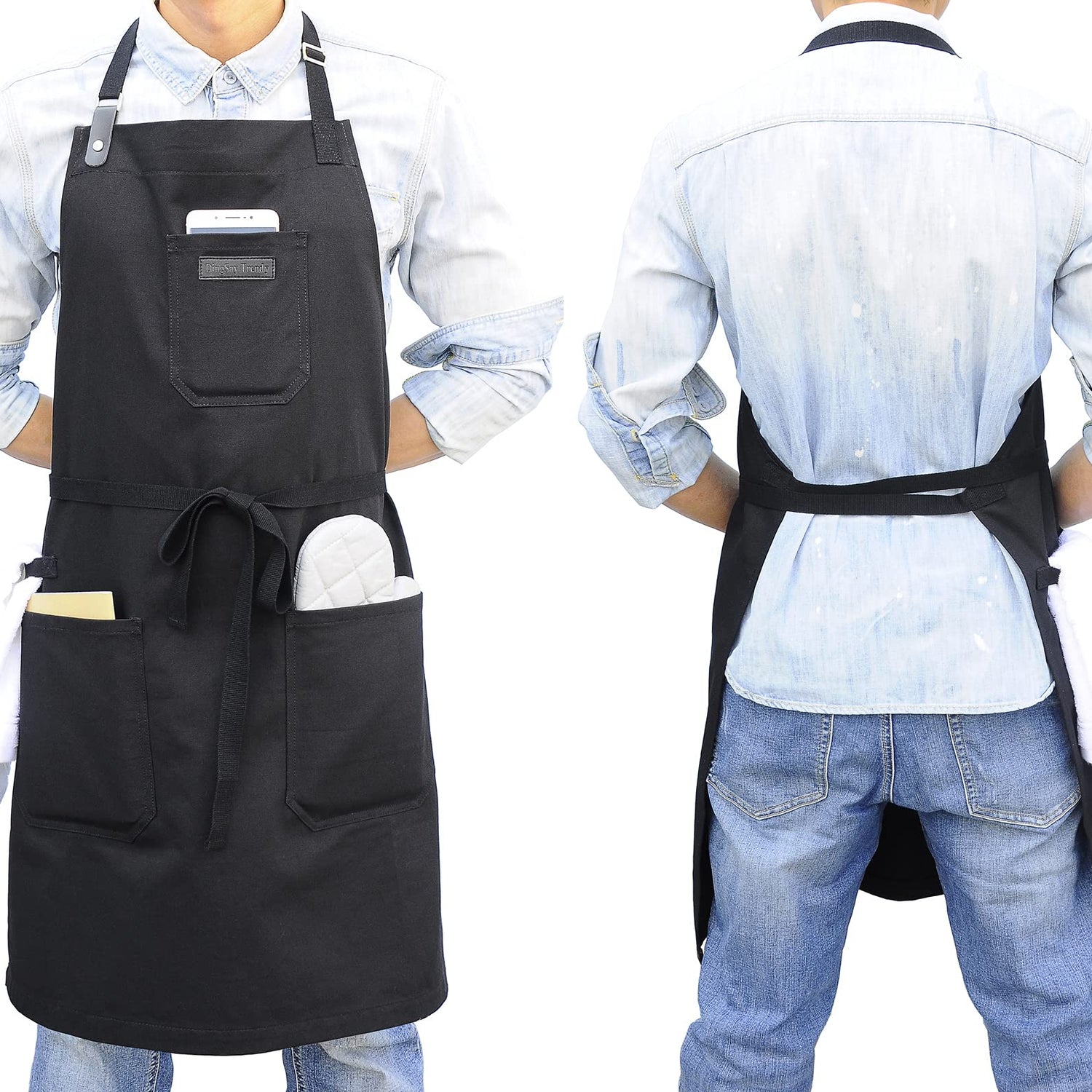 DingSay Trendy Black Cotton Kitchen Apron, Mens Womens Professional Cooking Bib Apron for Chef Grill BBQ, with Pockets Towel Loop and Adjustable Neck DingSay Trendy