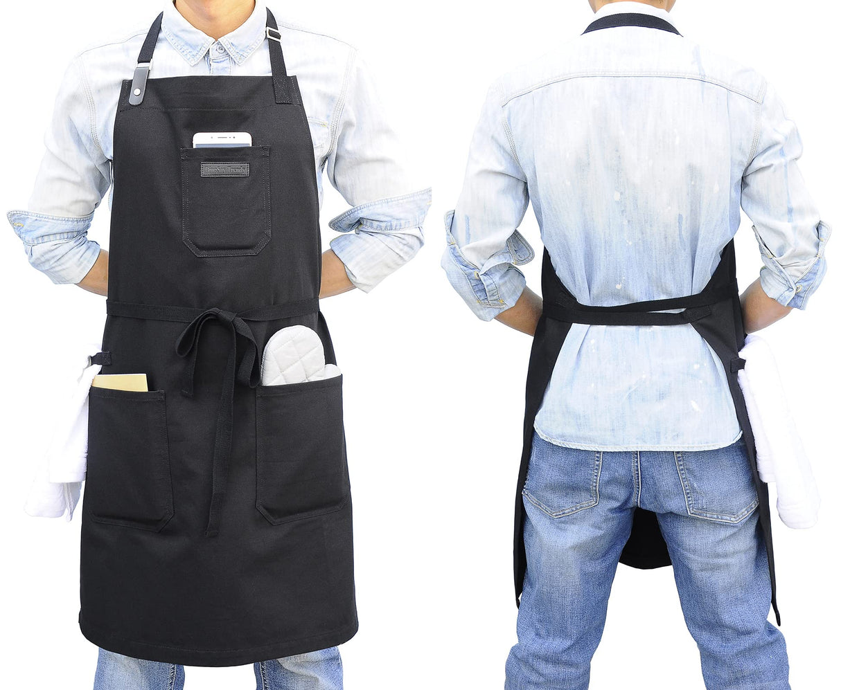 DingSay Trendy Black Cotton Kitchen Apron, Mens Womens Professional Cooking Bib Apron for Chef Grill BBQ, with Pockets Towel Loop and Adjustable Neck DingSay Trendy