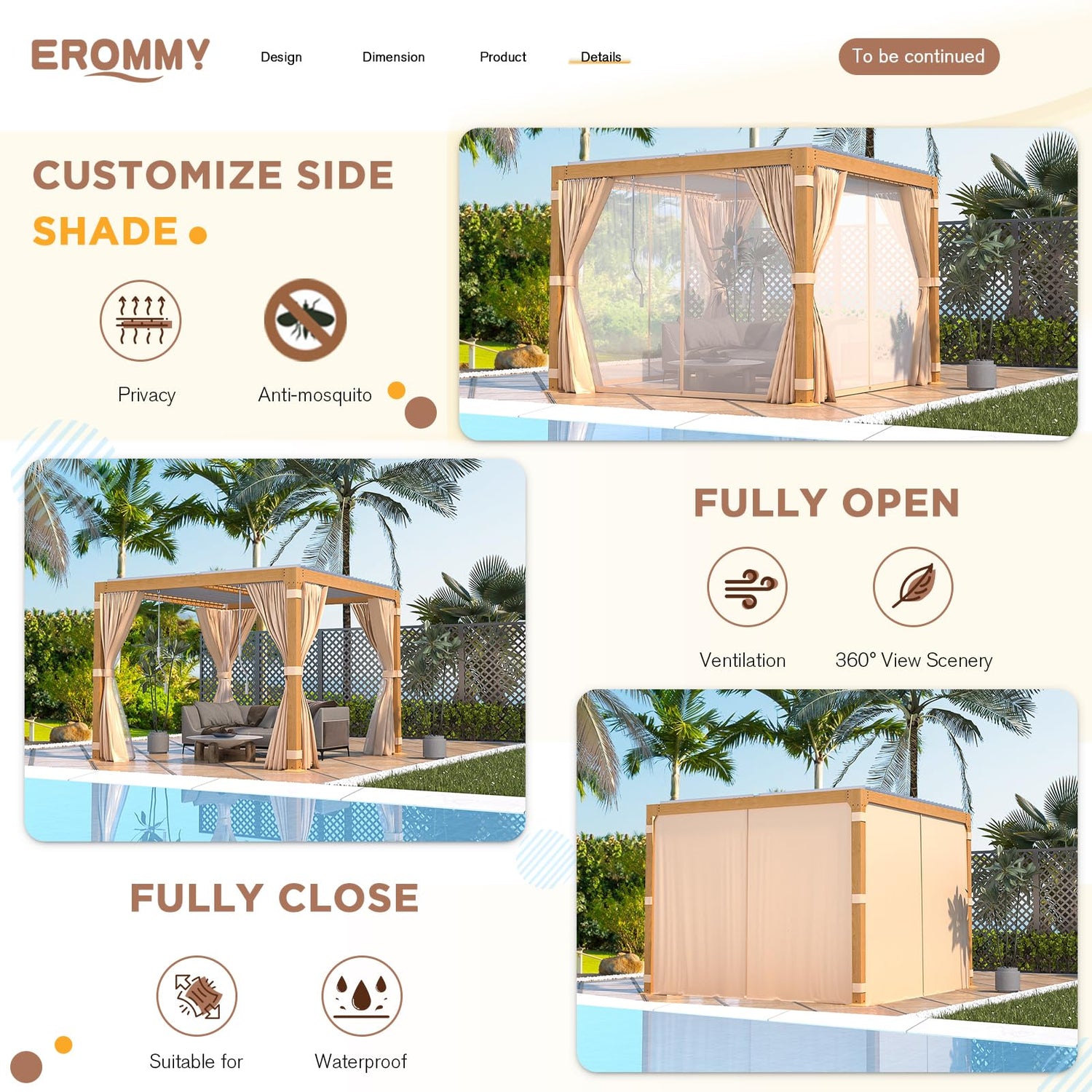 EROMMY Louvered Pergola 10' x 10' Outdoor Hard Top Gazebo with Wooden Grain Aluminum Frame and Adjustable Metal Rainproof Roof for Garden & Patio, EROMMY