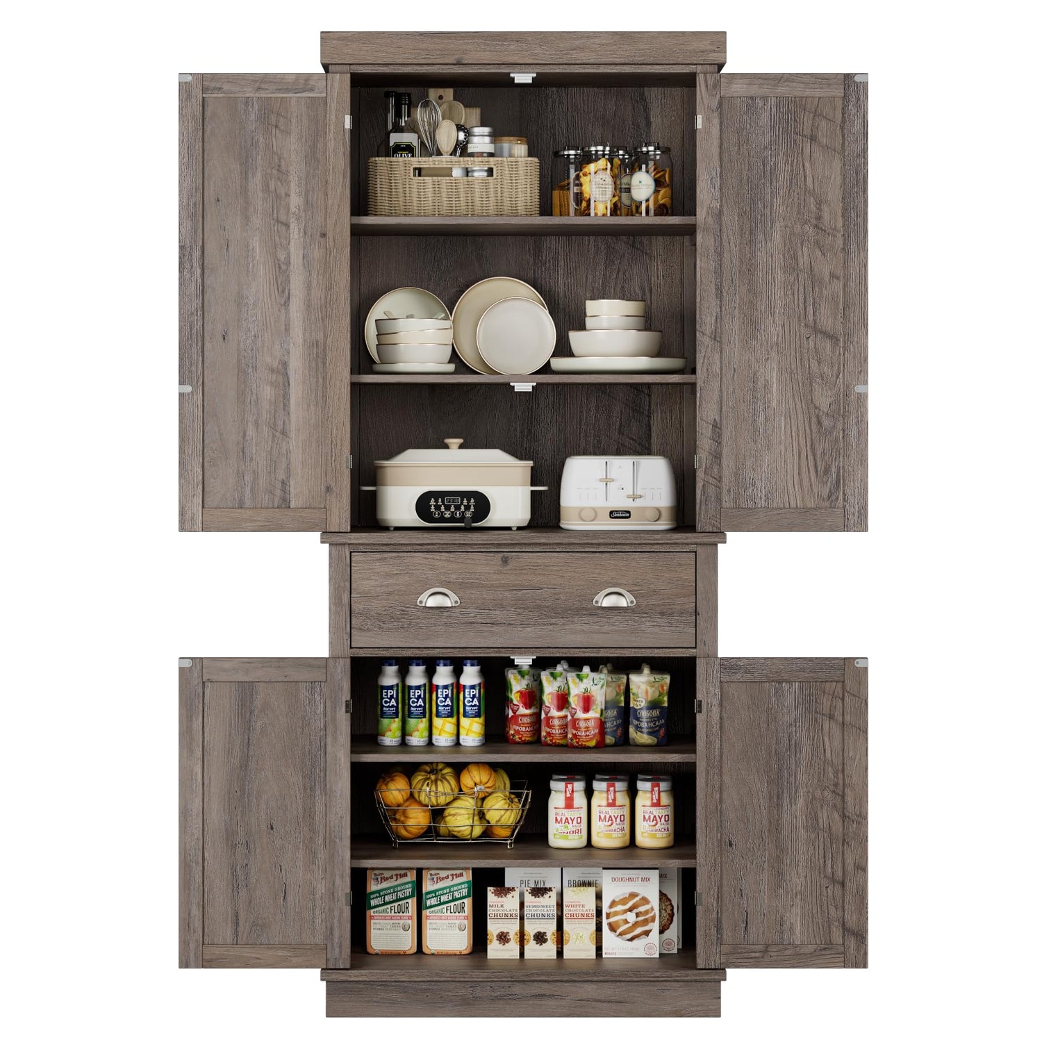 FOTOSOK 72" Kitchen Pantry Storage Cabinets with Drawer, Freestanding Cupboard with 4 Doors, Drawer, 4 Shelves, Utility Pantry Cabinet for Kitchen, FOTOSOK