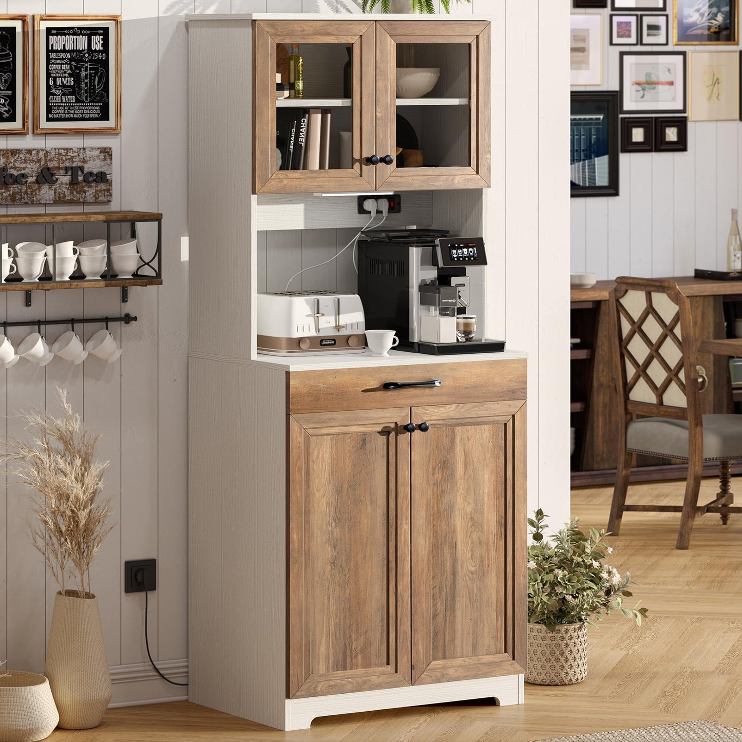 Kitchen Pantry Cabinet, Farmhouse Sideboard Buffet Cabinet with Charging Station and LED Light, Freestanding Kitchen Hutch Storage Cabinet with