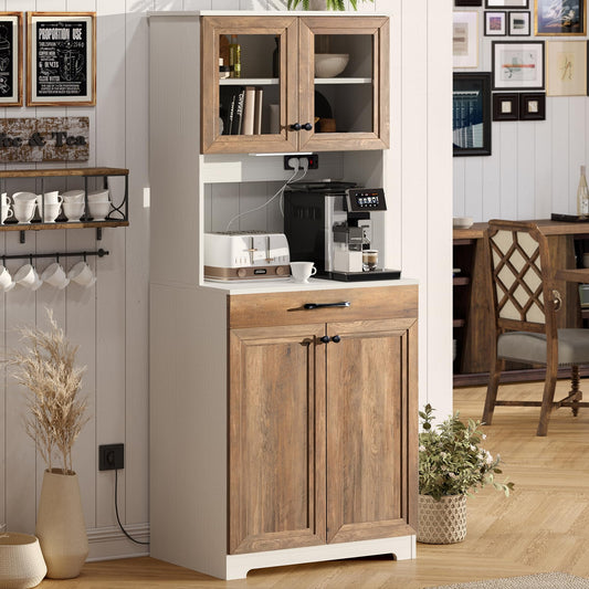 Kitchen Pantry Cabinet, Farmhouse Sideboard Buffet Cabinet with Charging Station and LED Light, Freestanding Kitchen Hutch Storage Cabinet with - WoodArtSupply