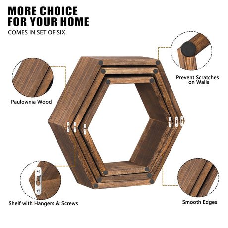 NOVIMANGO Hexagon Floating Shelves Set of 6 Honeycomb Shelves for Wall Wood Farmhouse Storage Home Decor Shelf Wall Mounted Wooden Hexagonal Shelves NORCEESAN