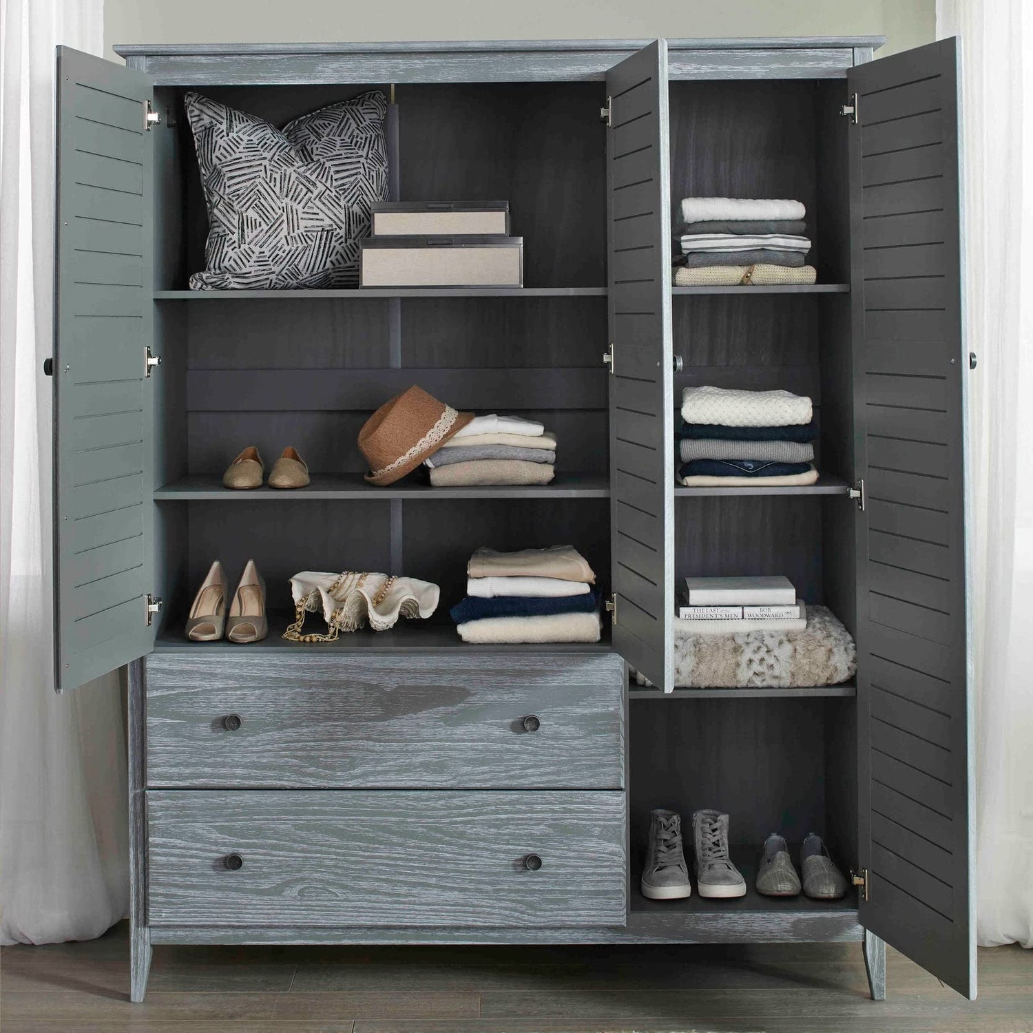 Grain Wood Furniture Greenport 3-Door Wardrobe, Brushed Grey Grain Wood Furniture